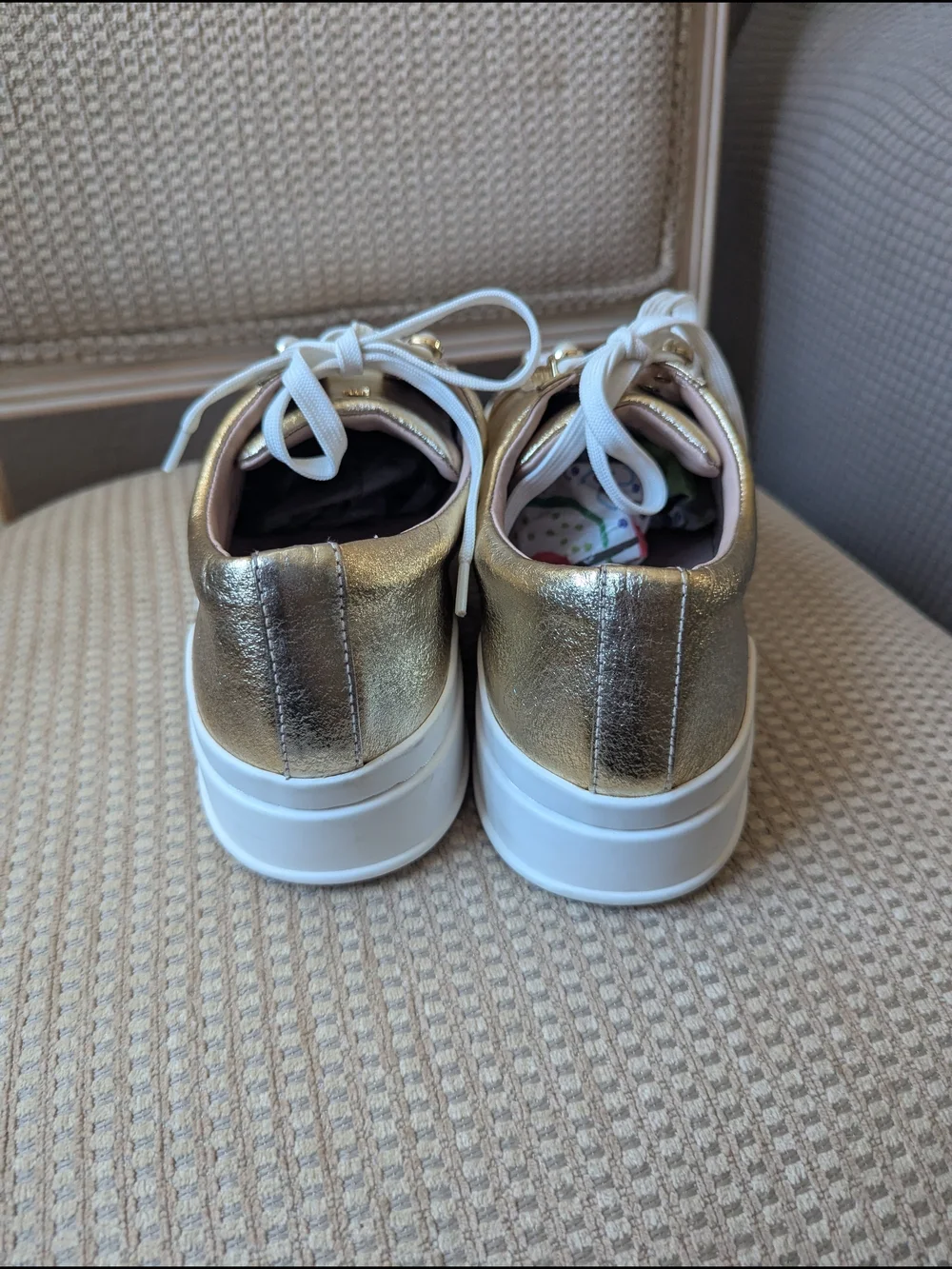 Stuart Weitzman Metallic Gold Pearl-Trim Sneakers